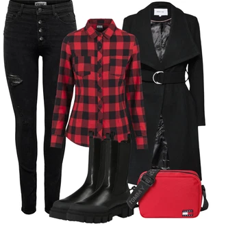 Outfit s Červená/Fialová/Hnědá Flanelová košile/Károvaná Košile About You "Zimní outfity"