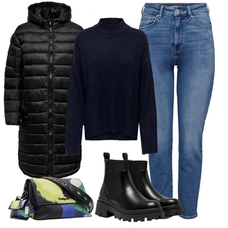 Glamourové Outfit s Černá Chelsea Boty/Kožená bunda/Plochá Kotníková Bota/Gumová Kotníková Bota Only "Zimní outfity"Look: Lak, Šik, Estetika, S Mokrým Vzhledem, Elegantní, Trendový, Unisex, Metal, Glamourové