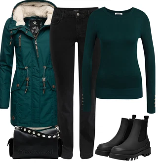Outfit s Zelená/Tmavě Zelená/Tyrkysový Zimní Parka/Zimní Bund/Outdoorové Bundy/Vosková Bunda/Parka Přechodová Bund Ragwear "Zimní outfity"