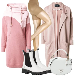 Outfit s Krémová/Bílá Chelsea Boty/Kožená bunda/Gumová Kotníková Bota Tamaris "Zimní outfity"
