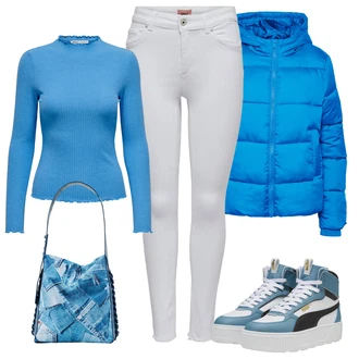 Retro Outfit s Sv?tle modrá/Modrá Teniska na platform?/Skate Bota/Vintage Teniska/Zimní Tenisky Puma "Zimní outfity"Look: Estetika, Le?érní, Retro, Skater, Sportovní, Streetwear, Unisex