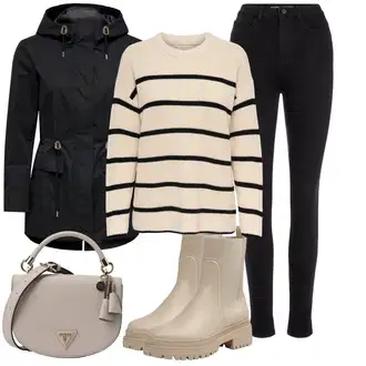 Outfity na zimu Pruhovaný s Krémová/Tmavě modrá/Béžová/Bílá Jednoduchý Svetr Only "Zimní outfity"