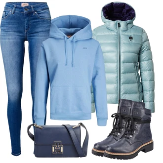 Outfit s Světle Modrá/Modrá Dámský Svetr/Fleecový Svetr/Svetr s kapucí/Svetr S Kapucí/Sportovní mikina/Vintage mikina/Sportovní mikina/Originální mikina/Partnerská Mikina/Unisex Mikina S Kapucí/Pletená mikina s kapucí jjxx "Zimní outfity"