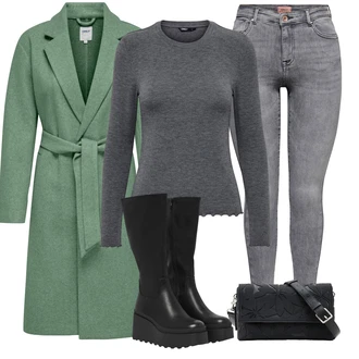 Outfity na zimu Rockový s Černá Kozačka Bota na Platformě/Bota se širokým nohavici Only "Zimní outfity"Look: S Mokrým Vzhledem, Rockový, Nadrozměrné