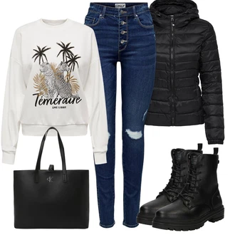 Vintage Outfit s Modrá/Tmavě modrá Kožená bunda/Zimní bunda/Džíny s Rozparkem/Kožené bundy/High Waist Džínové Kalhoty/Push up Džín/Džíny s Dírou Only "Zimní outfity"Look: Styl, 90tá léta, Ležérní, Cool, Francouzské, Univerzitní, Vintage