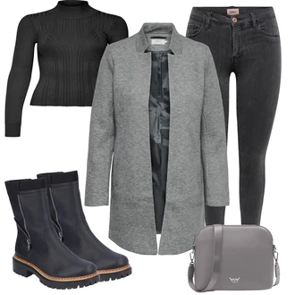 Trendový Outfit s Černá Rieker "Zimní outfity"Look: Šik, Váhy, Sportovní, Trendový, Nadrozměrné, Pracovní oděvy, Lak, Premium, Moderní, Egirl, Ležérní