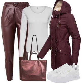 Outfit s Červená/Tmavě červená/Vínová/Hnědá/Růžová Kalhoty z Umělé Kůže/Kožený legíny/Kožená Kalhoty/Legíny Kožený Vzhled Only "Zimní outfity"