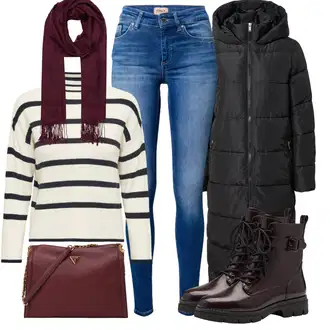 Outfity na zimu Pruhovaný s Krémová/Béžová/Bílá/Hnědá/Tmavě modrá Svetr s límečkem/Rolák Only "Zimní outfity"