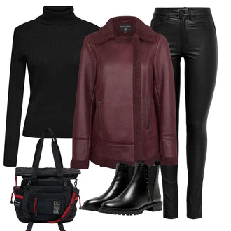 Nadrozměrné Outfit s Černá Kožená bunda/Chelsea Boty/Plochá Kotníková Bota/Kožená kotníková bota Only "Zimní outfity"Look: Gotický, S Mokrým Vzhledem, Šik, Lak, Premium, Glamourové, Nadrozměrné, Metal, Trendový, Elegantní