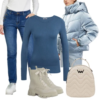 Outfity na zimu s Modrá Rovná Džína/Sportovní boty/Kožené Boty/Pánské tričko/Džíny Regular Fit/Slim Fit Džíny/Zimní bunda/Formální Košile/Džíny Volného Střihu orsay "Zimní outfity"