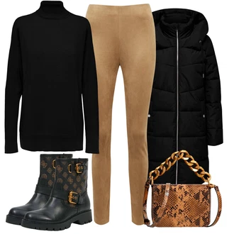 Pravá Kůže Outfit s Černá/Hnědá Kožená kotníková bota/Motorkářská bota/Kotníková Bota s Podšívkou/Plochá Kotníková Bota/Kožená bunda/Gumová Kotníková Bota/Klasická kozačka Guess "Zimní outfity"