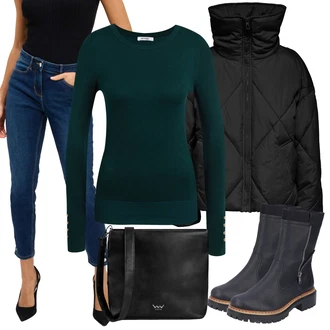 Výstřih na ramena Outfit s Černá Otočná Bunda/Krabice Bunda/Prošívaná Bunda/Podzimní Bunda/Letní peřová Bunda/Udržitelná Bunda/Krátký Bund/Krátký Bund Only "Zimní outfity"