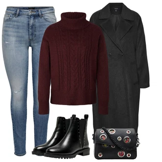 Nadrozměrné Outfit s Černá Kožená bunda/Chelsea Boty/Plochá Kotníková Bota/Kožená kotníková bota Only "Zimní outfity"Look: Gotický, S Mokrým Vzhledem, Šik, Lak, Premium, Glamourové, Nadrozměrné, Metal, Trendový, Elegantní