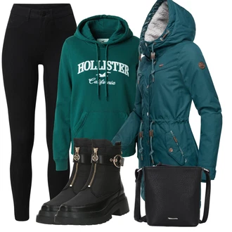 Outfit s Zelená/Tmavě Zelená/Tyrkysový Funkční Bunda/Parka Přechodová Bund/Vosková Bunda/Zimní Parka Ragwear "Zimní outfity"