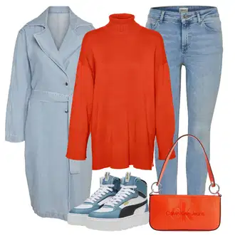 Rockový Koncert Outfit s Oranžová/Červená Taška Přes Rameno/Dopisová peněženka/Malá Taška Calvin Klein Jeans "Zimní outfity"Look: Klasické, Glamourové, Atraktivní, Retro, Rockový, Elegantní, 70tá léta, Estetika, Blokování barev, Bar, Koncert, Galavečer, Biřmování