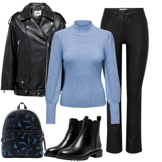 Nadrozměrné Outfit s Černá Kožená bunda/Chelsea Boty/Plochá Kotníková Bota/Kožená kotníková bota Only "Zimní outfity"Look: Gotický, S Mokrým Vzhledem, Šik, Lak, Premium, Glamourové, Nadrozměrné, Metal, Trendový, Elegantní