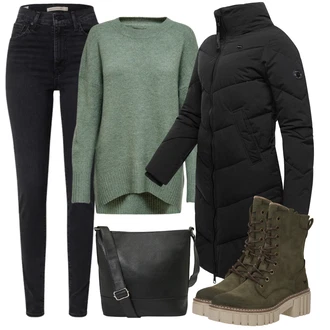Elegantní Outfit s Černá/Šedá Zimní Kabát/Péřový Kabát/Prošívaný kabát/Dlouhý Zimní Kabát/Dlouhý Péřový Kabát Ragwear "Zimní outfity"Look: Cool, Disko, Elegantní, Gotický, Metal, Venkovní