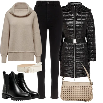 Lak Outfit s ?erná Koza?ka Ko?ená bunda/Chelsea Boty/Plochá Kotníková Bota/Ko?ená kotníková bota Only "Zimní outfity"Look: Gotický, S Mokrým Vzhledem, ?ik, Lak, Premium, Glamourové, Nadrozm?rné, Metal, Trendový, Elegantní