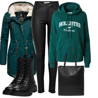 Outfit s Černá Šněrovací Kotníková Bota/Klasická kozačka/Šněrovací Kozačka na Platformě/Bojová Bota Pull&Bear "Zimní outfity"