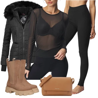 Outfit sa Crna/Bijela/Smeđa Majica s mrežicom Pieces "Zimski outfit"
