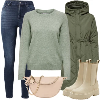 Outfit s Zelená/Tmavě zelená Přechodový Kabát/Dlouhý Zimní Kabát/Zimní Kabát/Dlouhý Péřový Kabát/Kabát s Kapucí/Prošívaný kabát/Parka JdY "Zimní outfit pro volný čas"