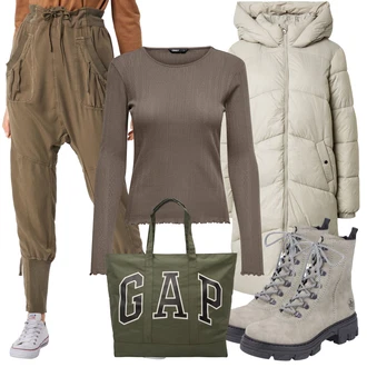 Prošívaný Outfit s Béžová/Šedá/Khaki/Hnědá Zimní Kabát/Péřový Kabát/Dlouhý Zimní Kabát/Dlouhý Péřový Kabát VERO MODA "Zimní outfity"