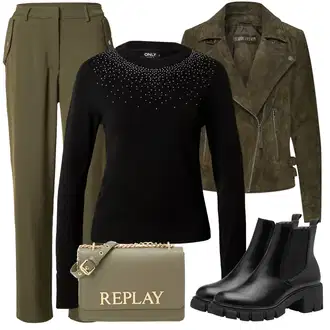 Outfit sa Tamnozelena/Kaki Hlače s prednjim naborom/Hlača od Odijela/Hlača od Kepera/Hlače s Odvojivom Nogavicom/Zimska Hlača/Poslovna Hlača/Stolarska hlača/Hlače s Prorezom/Slip-on Hlača/Planinarska Hlača/Boyfriend Hlače/Ravna Hlača/Cargo Hlače/Ležerna Hlača/Hlače od muslina About You "Zimski outfit"