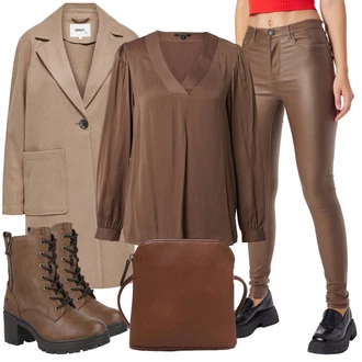Elegantní Outfit s Hnědá/Béžová/Šedá Elegantní Halenka/Halenka s Dlouhým Rukávem/Halenka se Stojatým Límcem/Otevřená Halenka/Dlouhá Halenka/Hedvábná Halenka/Saténová Halenka/Kožená bunda/Halenkové Body/Halenkový Top/Neobvyklá Halenka Comma "Zimní outfit pro volný čas"Look: Lehký, Styl, Elegantní, Mom, Kancelář, Old Money, Univerzitní