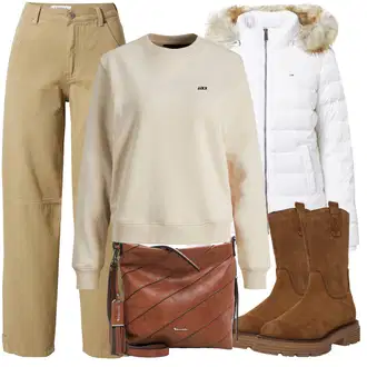 Venkovní Outfit s Béžová/Khaki/Hnědá/Oranžová Fleecová Mikina/Kožená bunda/Sportovní mikina jjxx "Zimní outfit pro volný čas"Look: Estetika, Hip Hop, Pro Dům, Mom, Venkovní, Skater, Univerzitní, Sportovní