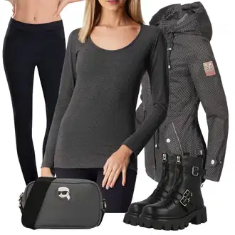 Kombinacije za zimu Gotički sa Crna Motociklistička čizma/motociklistička čizma About You "Zimski outfit"Look: Stil, Metal, Punk, Techno, Gotički
