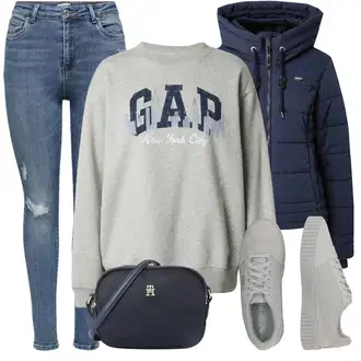 Outfit sa Siva/Svjetlosiva Sportska majica/Kožna jakna/Majica od flisa GAP "Zimski outfit"