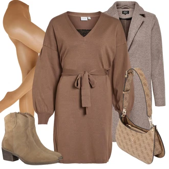 Výstřih na ramena krajkou Outfit s Hnědá/Tmavě hnědá/Béžová/Khaki/Šedá Svetrové Šaty/Pletené Šaty/Zimní Pletené Šaty/Šaty na Podzim/Šaty s Páskem/Zimní šaty s dlouhým rukávem Vila "Zimní outfit pro volný čas"