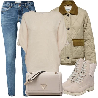 Outfit s Modrá Kožená bunda/Kotníková Bota/Džíny s Rozparkem/Džíny s Nízkým Sedem/Džín s Nízkým Pasem/Push up Džín/Slim Fit Džíny/Navlékací džíny/Kožené Boty/Zimní bunda Guess "Zimní outfit pro volný čas"