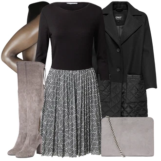 Old Money Outfit sa Tamnosiva/Crna/Žuta/Bijela Haljina Veći Broj/Pletivo Veći Broj/Tunika About You "Zimski outfit"Look: Prekrasan, Old Money, Jazz, moderne, Layered, Poslovni, Ured, Preodjeven, Francuske