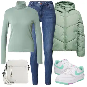 Outfit sa Plava/Tamnoplava/Svjetloplava Kožna Jakna/Kožne Cipele/Zimska jakna/Push-up Traperice/Traperice s Prorezom/Ženske Traperice 7/8 Dužine/High Waist Traperice/Slip-on Traperice Vila "Zimski outfit"