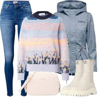 Outfit s Béžová/Hnědá/Bílá/Khaki Chelsea Boty/Gumová Kotníková Bota/Kožená bunda/Plochá Kotníková Bota Bronx "Zimní outfit pro volný čas"