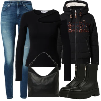 S řetízkem Outfit s Černá Chelsea Boty/Bota na Platformě/Plochá Kotníková Bota/Motorkářská bota/Teniska Tenisky s Bočním Zipem/Kozačka se zipem About You "Zimní outfity"