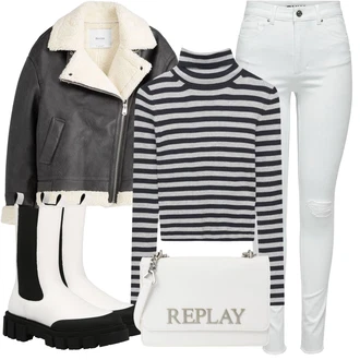 Outfity z džínu s Šedá/Bílá/Krémová/Stříbrný/Světle modrá Kožená bunda/Džíny s Dírou/Push up Džín/Kožené bundy/Džíny s Rozparkem/Motorkářské Džíny Only "Zimní outfit pro volný čas"