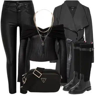 Outfit s Černá/Tmavě šedá/Šedá Přechodový Kabát/Umělá Kůže Kabát/Zimní Kabát Vlněný kabát/Lodenový kabát/Vlněný Kabát/Midi Kabát/Kašmírový Kabát/Trenčkot/Scuba Kabát/Trenčkot/Frock Kabát VERO MODA "Zimní outfity"