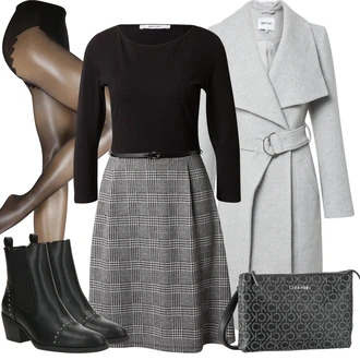 Outfit s Šedá/Černá/Hnědá/Zelená/Tmavě šedá Šaty na Podzim/Kancelářské šaty/Business Šaty/Flanelové Šaty/Tvidové šaty/Šaty s Páskem/Zimní šaty s dlouhým rukávem About You "Zimní outfity"