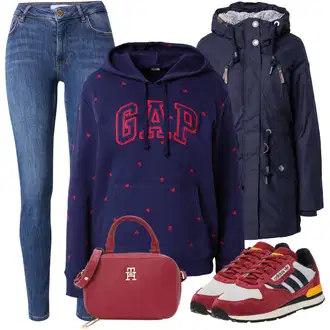 Outfit sa Plava/Tamnoplava/Svjetloplava Kožna Jakna/Kožne Cipele/Zimska jakna/Push-up Traperice/Traperice s Prorezom/Ženske Traperice 7/8 Dužine/High Waist Traperice/Slip-on Traperice Vila "Zimski outfit"