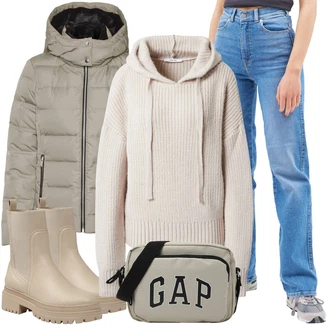 Outfit s Světle modrá/Modrá/Hnědá Džín s Širokou Nohavicí/Džíny s Rozparkem/Vintage džíny/High Waist Džínové Kalhoty/Džíny Culottes/Kožená Pánská Bund/Mom Jean/Dad Džíny Dr. Denim "Zimní outfit pro volný čas"
