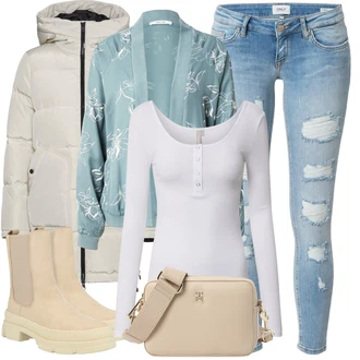 Outfity pro zábavu s Světle modrá/Modrá Kožená bunda/Džíny s Rozparkem/Kotníková Bota/Push up Džín/Kožené bundy/Džíny s Dírou/Džíny s Nízkým Sedem Only "Zimní outfit pro volný čas"
