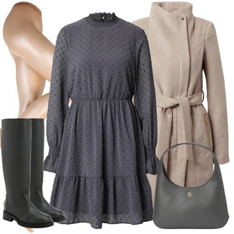 Nadrozměrné Zapínání na knoflíky Outfit s Tmavě šedá/Modrá/Tmavě modrá/Šedá Halenkové Šaty/Šaty s puntíky/Zimní šaty s dlouhým rukávem/Šaty s dlouhým rukávem/Šaty S Kosticí VERO MODA "Zimní outfit pro volný čas"Look: Babydoll, Pro Dům, Příliš oblečený, Nadrozměrné