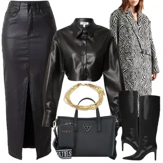 Dlouhé Outfit s Černá/Šedá/Tmavě šedá Kožená Sukně/Sukně z umělé kůže misspap "Zimní outfity"
