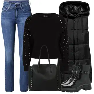 outfit mit Črna Motoristični čevelj/Usnjena Jakna/Škornj na Vezalke/Gumijasti Gležnar/Motoristični Škorenj/Bojni Škorenj Tamaris "Zimski videz"