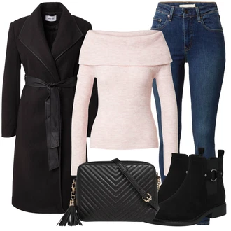 Outfity z džínu Mom Posilování s Růžová/Hnědá Svetr s přehozem/Svetry 2 v 1/Vodopádový Svetr "Zimní outfity"Look: Layered, Mom, Old Money, Příliš oblečený, Univerzitní, Italský, Posilování, Na Procházku