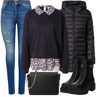 Outfit s Černá Sportovní mikina/Originální mikina/Kožená bunda/Mikina s polovičním zipem/Svetr S Kapucí/Pletená mikina s kapucí Only "Zimní outfit pro volný čas"
