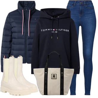 Outfit s Béžová/Bílá/Krémová/Khaki Chelsea Boty/Kožená bunda/Gumová Kotníková Bota Tommy Hilfiger "Zimní outfity"