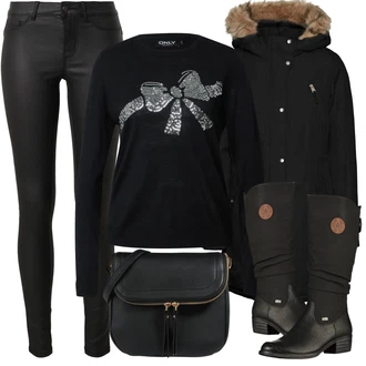 Outfit s Černá/Stříbrný/Fialová Svetr z Jemné Pleteniny/Svetry 2 v 1/Svetr Carmen/Třpytivý Svetr/Žakárový Svetr/Kašmírový Svetr/Svetr Niki/Svetr na kojení/Potisknout Svetr/Svetr s Kulatým Výstřihem/Zimní Svetr/Vlněný Svetr/Svetr s přehozem Only "Zimní outfity"